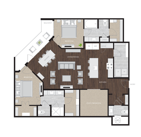 Floor plan for 2 beds, 2.5 baths, 1604 sqft
